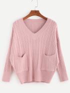 Romwe Pink V Neck Drop Shoulder Cable Knit Sweater