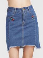Romwe Blue Fringe Hem Cherry Embroidery Bodycon Denim Skirt