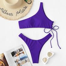 Romwe One Shoulder Self Tie Top With High Leg Bikini