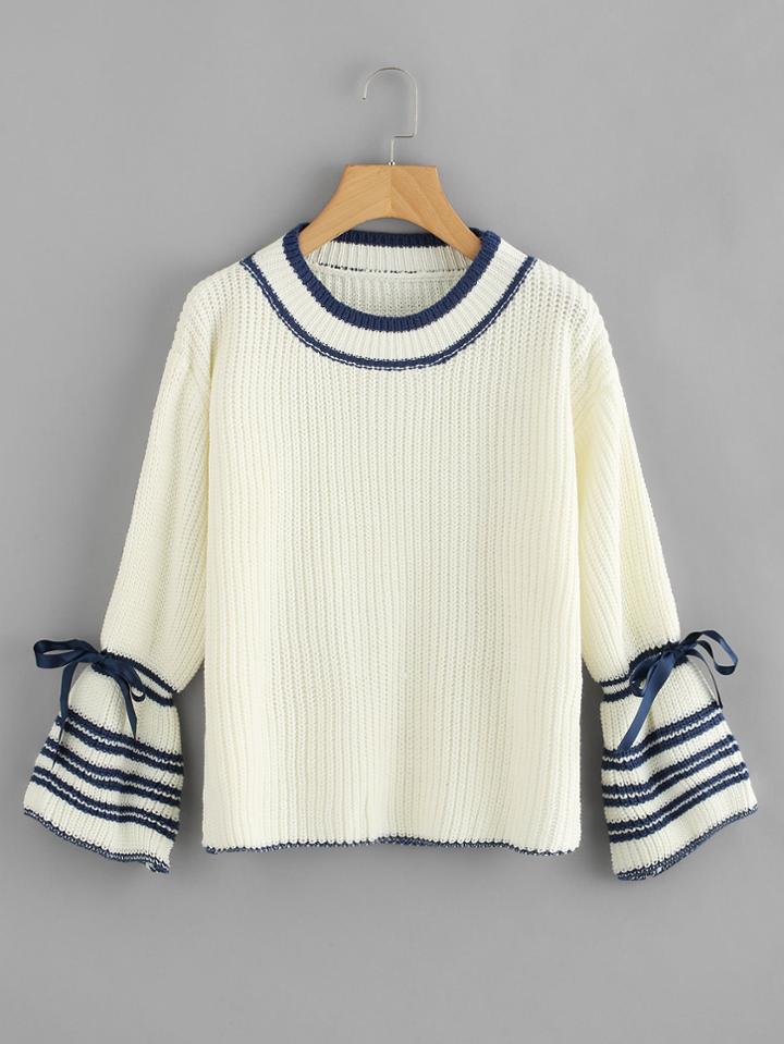 Romwe Striped Trim Knot Detail Sweater