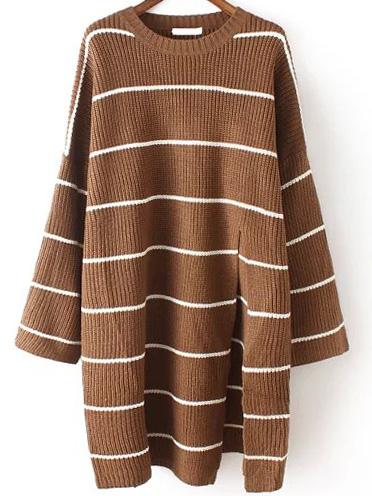 Romwe Crew Neck Striped Split Khaki Sweater Dress