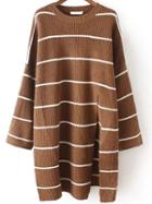 Romwe Crew Neck Striped Split Khaki Sweater Dress