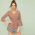 Romwe Tribal & Paisley Print Knot Back Romper