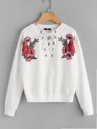 Romwe Embroidered Flower Patch Grommet Lace Up Sweatshirt