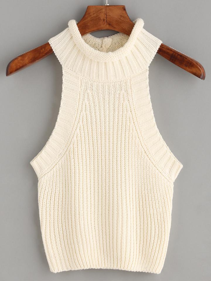 Romwe Beige Sleeveless High Neck Knit Top