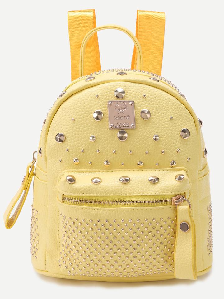 Romwe Yellow Pebbled Pu Studded Front Zipper Backpack