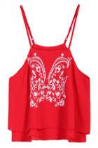 Romwe Spaghetti Strap Embroidered Red Vest