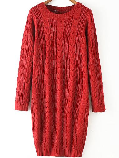 Romwe Round Neck Cable Knit Red Sweater Dress
