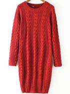 Romwe Round Neck Cable Knit Red Sweater Dress