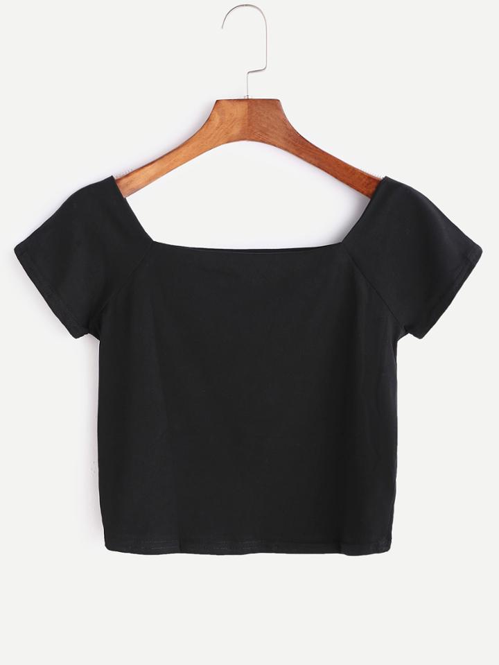 Romwe Black Square Neck Crop T-shirt