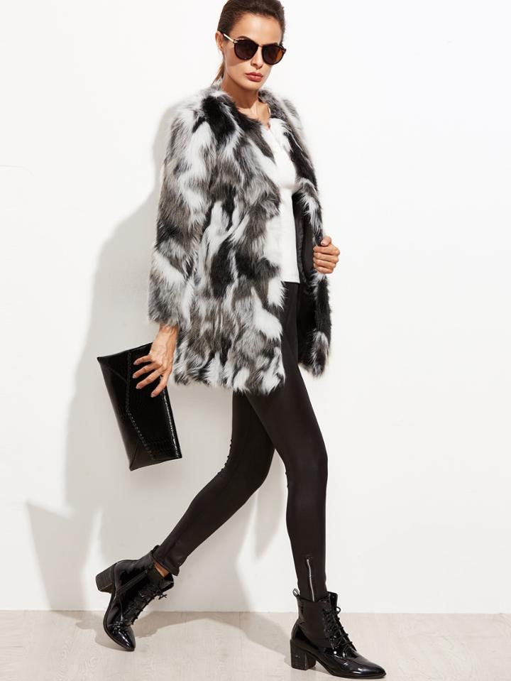 Romwe Faux Fur Open Front Fuzzy Coat
