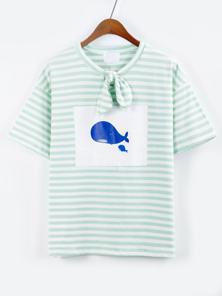 Romwe Bow-knot Neck Striped Whale Print T-shirt - Green