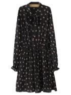 Romwe Black Long Sleeve Tie Neck Bow Print Dress