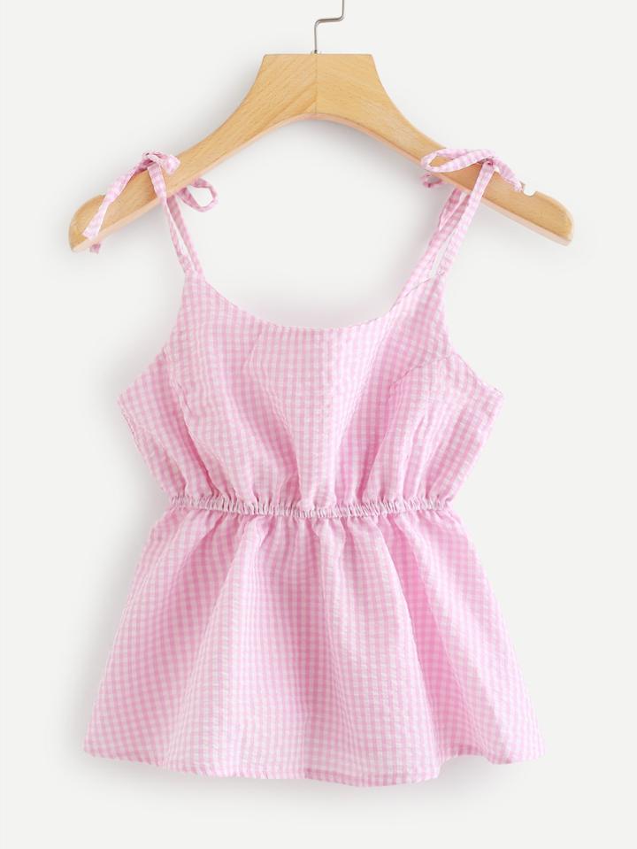 Romwe Plaid Elastic Waist Bow Strap Top