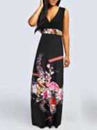 Romwe Plunge Neck Flower Print Maxi Black Dress