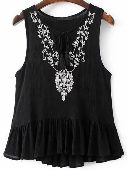 Romwe Black Embroidered Tassel Tie Ruffle Hem Tank Top