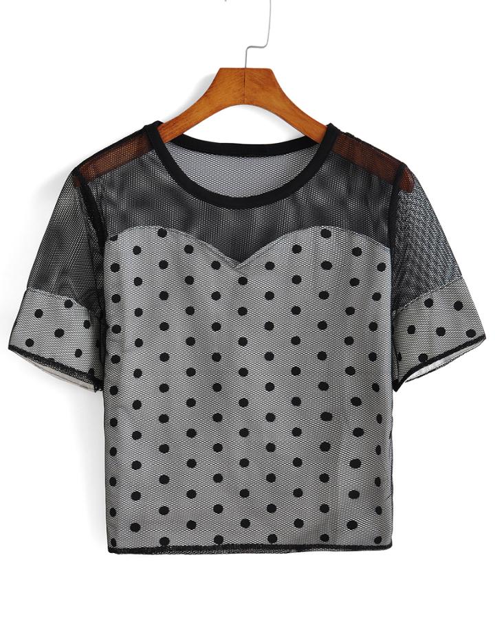 Romwe Polka Dot Sheer Mesh Black T-shirt