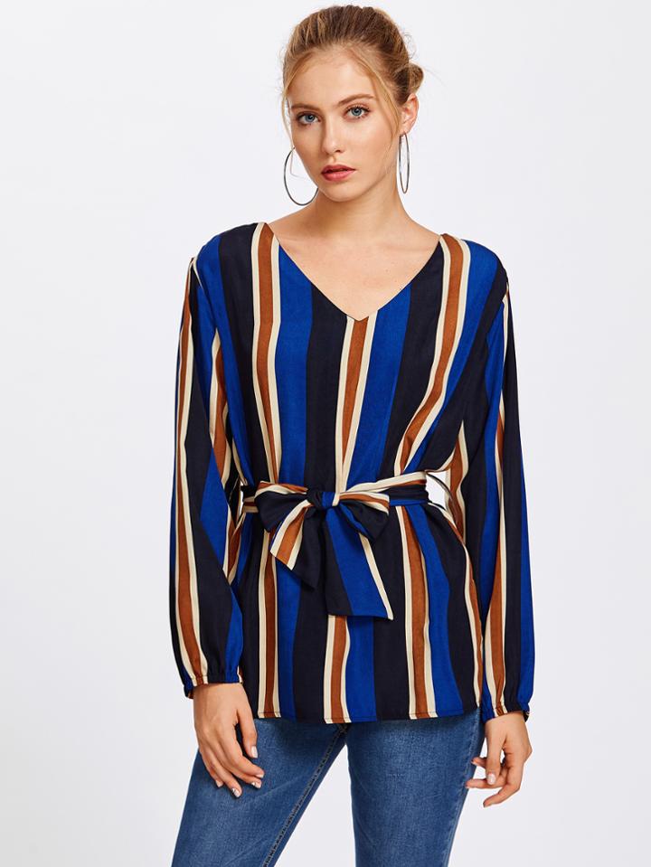 Romwe V Neckline Striped Blouse With Belt