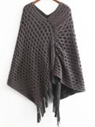 Romwe V Neck Hollow Fringe Brown Poncho