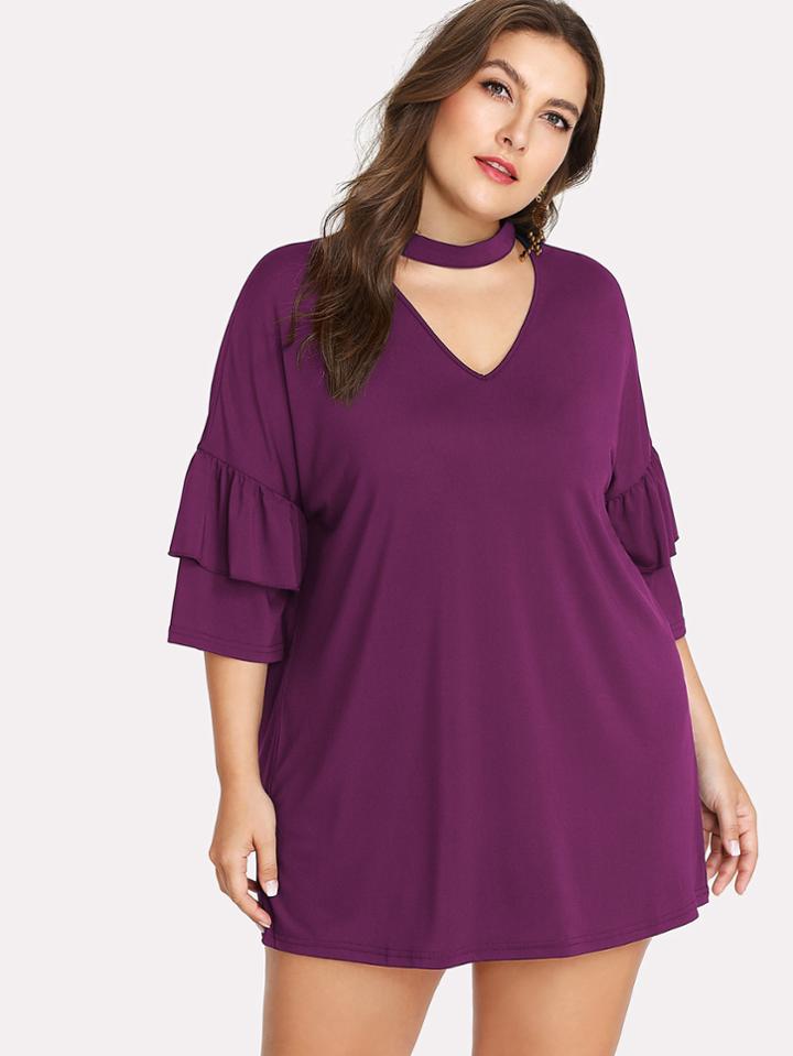 Romwe Flounce Sleeve Choker Neck Dress