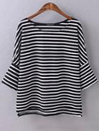 Romwe Striped Dip Hem Black T-shirt