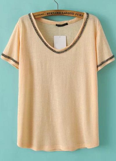 Romwe Apricot V Neck Short Sleeve Bead T-shirt