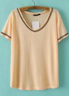 Romwe Apricot V Neck Short Sleeve Bead T-shirt