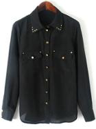 Romwe With Rivet Pockets Black Blouse