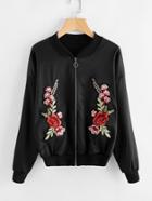 Romwe Floral Embroidered Applique Zip Up Jacket