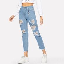 Romwe Raw Hem Distressed Jeans With Harness Trim