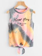 Romwe Water Color Slogan Print Knot Front Tank Top