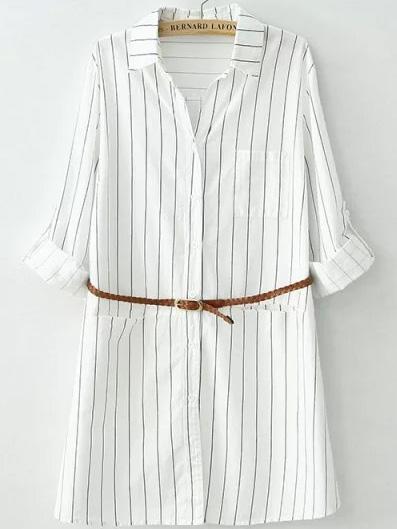 Romwe Lapel With Belt Vertical Striped Blouse