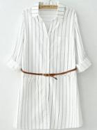 Romwe Lapel With Belt Vertical Striped Blouse