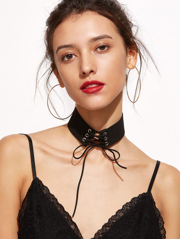 Romwe Black Lace Up Bow Choker Necklace