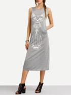 Romwe Grey Sleeveless Cat Print Slim Dress