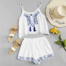 Romwe Tassel Tie Embroidered Cami Top With Shorts