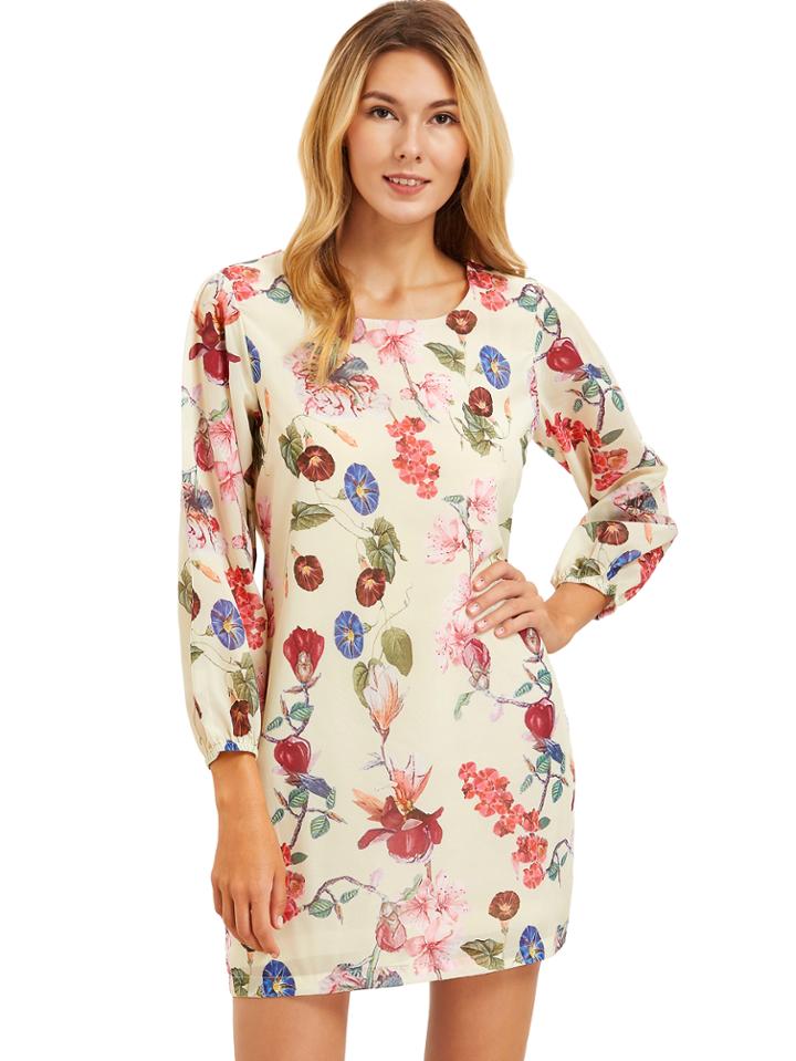 Romwe Beige Lantern Sleeve Floral Shift Dress