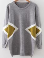 Romwe Grey Geometric Pattern Round Neck Sweater