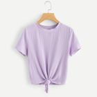 Romwe Knot Front Solid Ribbed Tee