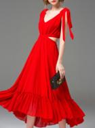 Romwe Red V Neck Split Sleeve Cut Backless Dress