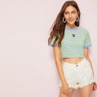 Romwe Cherry Patched Stripe Ringer Tee