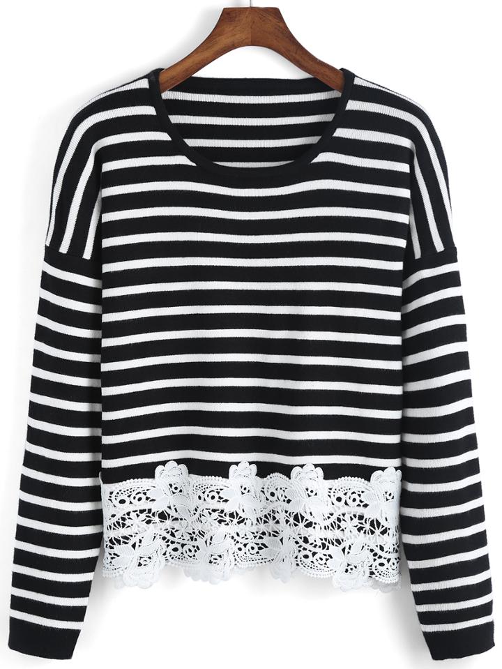 Romwe Striped Contrast Lace Sweater
