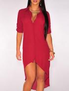 Romwe Lapel High Low Buttons Shirt Red Dress