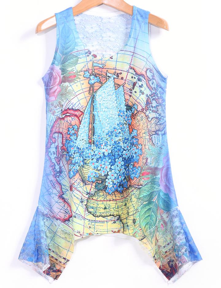 Romwe Irregular Hem Map Print Vest