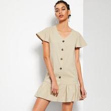 Romwe Single Breasted Flutter Sleeve Pleated Hem Dress
