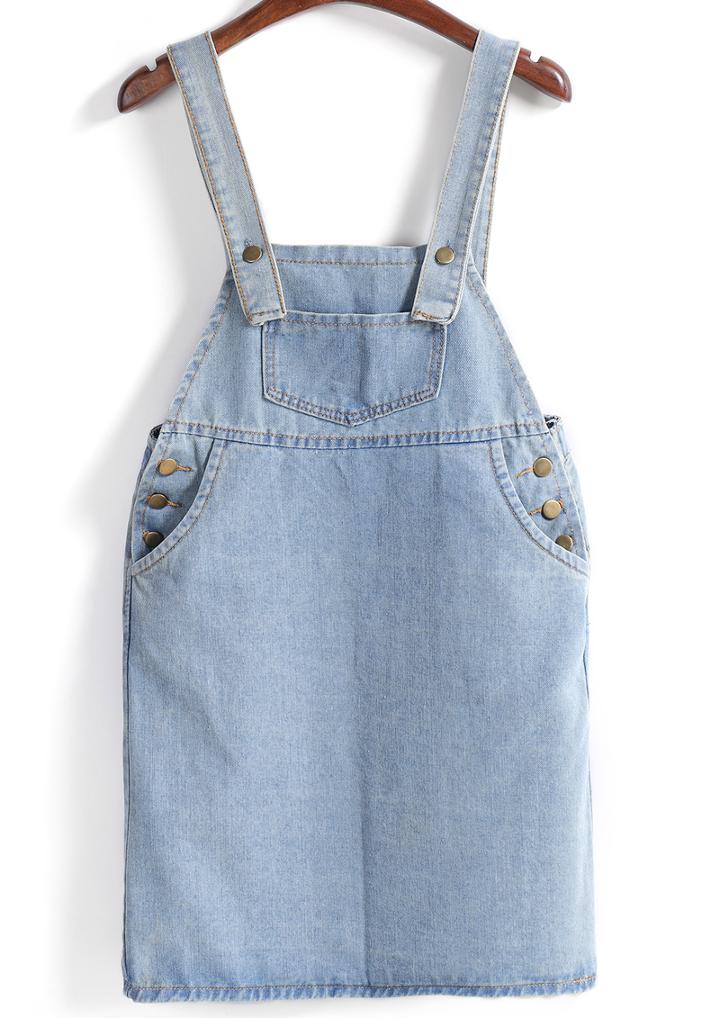 Romwe Strap With Pocket Loose Denim Pale Blue Dress