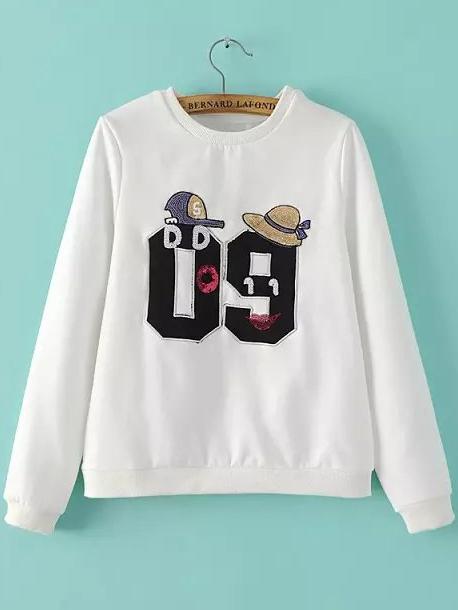 Romwe Number Pattern Sequined White Sweatshirt