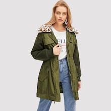 Romwe Leopard Collar Mixed Media Utility Coat