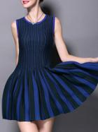 Romwe Blue Green Color Block Pleated A-line Dress