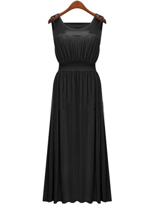 Romwe Black Mesh Neckline Ladder Cutout Pleated Dress